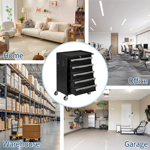 5 Drawer Rolling Tool Chest With Lock in various environments: home, office, warehouse, and garage, emphasizing versatility.