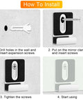 Installation steps for Rock Solid Mirror Clips with all matching screws on wall for secure mounting of frameless mirrors.