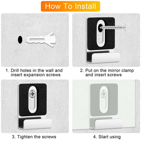 Installation steps for Rock Solid Mirror Clips with all matching screws on wall for secure mounting of frameless mirrors.