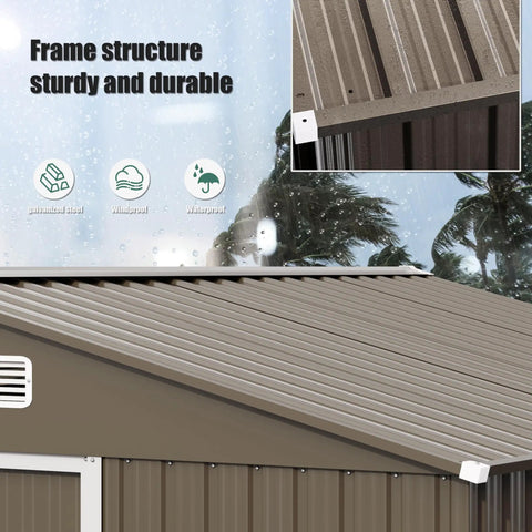 Roof detail of Outdoor Storage Shed 10 Foot By 8 Foot Waterproof Metal Tool Shed With Lockable Sliding Door and air vents.