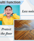 Image showing a woman in a yellow shirt covering her ears, promoting less noise and floor protection with multi-function use.
