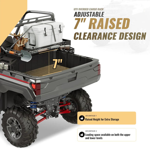 Badass Universal UTV Overbed Cargo Rack with Adjustable Mounting Brackets, showing 7" raised clearance and cargo setup.