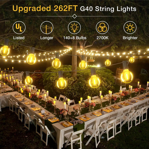 Outdoor scene with 262Ft Outdoor G40 LED String Lights Waterproof Patio Lights illuminating tables for party setup.