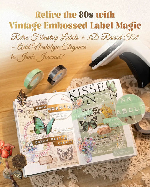 Totally Legit 3D Embossing Label Maker And Hella Sweet Scrapbook Junk Journal Supplies Kit Kickin Retro Style in use for nostalgic journaling.