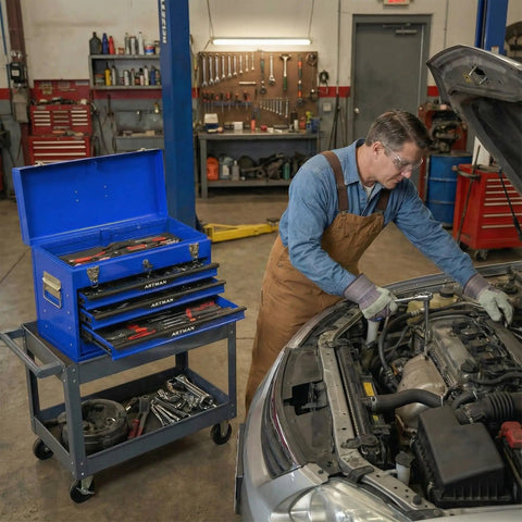 Mechanic using Heavy Duty 20 Inch Steel Rolling Tool Chest With Three Drawers Locking System And Drawer Interlock