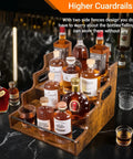 Four Tier Stadium Style Liquor Bottle Display Shelf 16 Inch Rustic Wood Rack For Bottles And Syrups with guardrails and handles