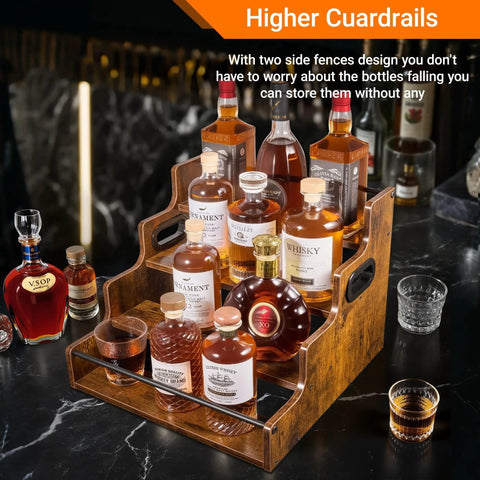 Four Tier Stadium Style Liquor Bottle Display Shelf 16 Inch Rustic Wood Rack For Bottles And Syrups with guardrails and handles
