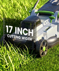 Powerful Cordless Lawn Mower With 17 Inch Deck Walk Behind Electric 4.0 Ah Battery Powered showing 17-inch cutting width