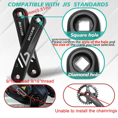 Beefy Aluminum Mountain Bike Crank Arm Set With Square And Diamond Hollow Interface diagram showing 152mm and 170mm options.