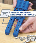 Hands adjusting Pocket Hole Jig 320 with classic two-inch face clamp, showing preset material thickness settings