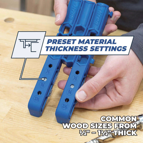 Hands adjusting Pocket Hole Jig 320 with classic two-inch face clamp, showing preset material thickness settings