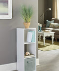 Three Cube Storage Organizer Bookshelf For Books And Decor, vertical setup, white wood, in living room with decor items