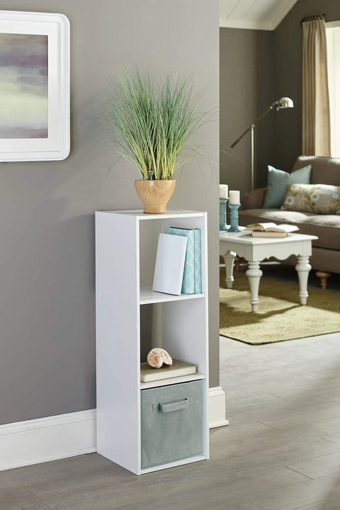 Three Cube Storage Organizer Bookshelf For Books And Decor, vertical setup, white wood, in living room with decor items