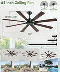 65 Inch Outdoor Ceiling Fan With Remote No Light Damp Rated Black Modern Design 6 Speed Reversible DC Motor