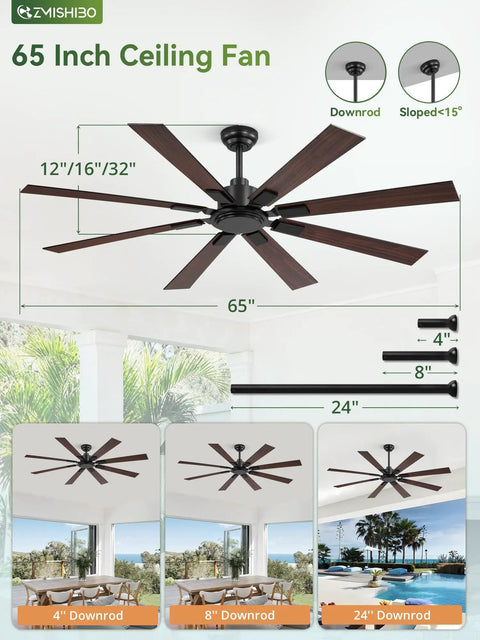 65 Inch Outdoor Ceiling Fan With Remote No Light Damp Rated Black Modern Design 6 Speed Reversible DC Motor