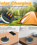 4 In 1 Solar Camping String Lights With Remote Control And Extra Long 72.2 Ft LED String 220 LEDs USB Rechargeable Solar Powered Portable Outdoor Lantern showing solar charging on table and outdoors