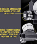 Master air regulator with gauge for spray guns, black metal body and knurled adjustment knob