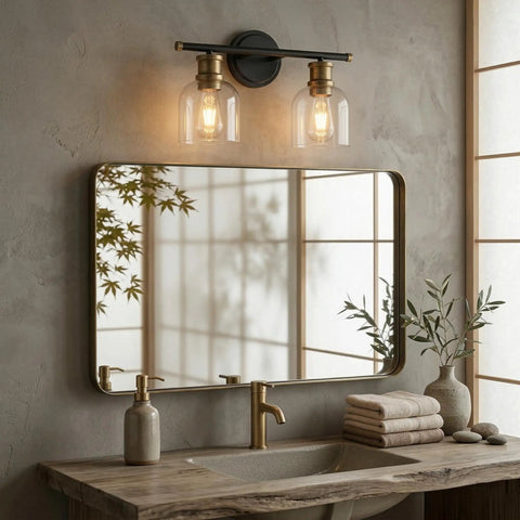 Dual Matte Black Wall Sconce Lights For Bathrooms With Clear Glass Shades And Antique Brass Finish over vanity mirror
