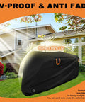 Adult Tricycle Cover Durable 420D Oxford Cloth Windproof Buckle Lock Hole Heavy Duty Weatherproof Shield For 3 Wheel And Electric Trikes Fits Most Bikes Indoors Or Outdoors Rain Or Shine Ready Garage Or Home, UV-proof black cover on trike outdoors