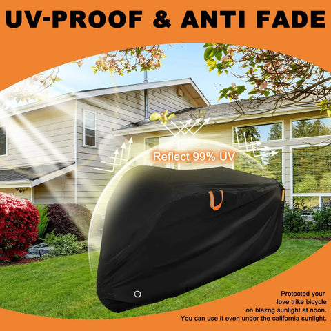 Adult Tricycle Cover Durable 420D Oxford Cloth Windproof Buckle Lock Hole Heavy Duty Weatherproof Shield For 3 Wheel And Electric Trikes Fits Most Bikes Indoors Or Outdoors Rain Or Shine Ready Garage Or Home, UV-proof black cover on trike outdoors