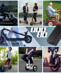 Universal 42V 2A Fast Charger With Six Plugs For 36V Li Ion Batteries shown with scooters, hoverboards, and mobility devices.