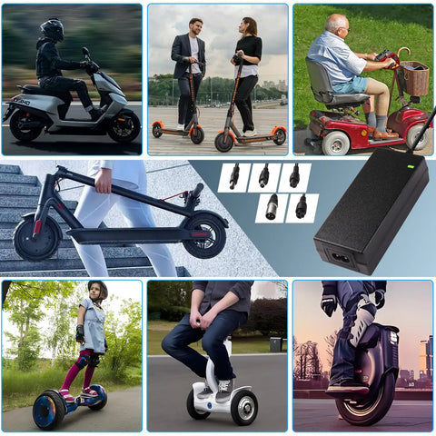 Universal 42V 2A Fast Charger With Six Plugs For 36V Li Ion Batteries shown with scooters, hoverboards, and mobility devices.