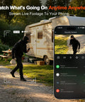 No Fuss Off Grid 4G LTE Cellular Wireless Security Camera For Remote Cabins Ranches And Pastures Straight Synced To Your Phone Without Wi Fi Or Complicated Wiring Setup in action; image shows a person monitoring through a phone.