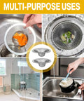 Two Pack Kitchen And Bathroom Sink Drain Strainers Must Have Stainless Steel Hair Catcher For Kitchen And Bath Drains Stopper Drain Cover Durable Rustproof Strainer Basket Easy To Clean No Clog Protection showing various uses in kitchen and bathroom.