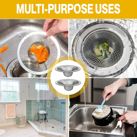 Two Pack Kitchen And Bathroom Sink Drain Strainers Must Have Stainless Steel Hair Catcher For Kitchen And Bath Drains Stopper Drain Cover Durable Rustproof Strainer Basket Easy To Clean No Clog Protection showing various uses in kitchen and bathroom.