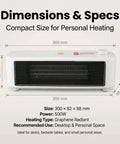 Graphene Far Infrared Mini Desk Heater with dimensions and specifications for personal office use