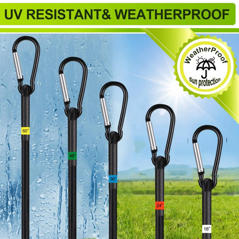 Heavy Duty Bungee Cord Set With Hooks Go To 28 Piece Assorted Sizes UV resistant weatherproof cords with size labels.