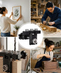 Rock Solid Self Centering Doweling Jig Kit Three In One Woodworking Tool showing varied angles in a workshop setting.