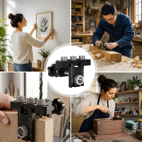 Rock Solid Self Centering Doweling Jig Kit Three In One Woodworking Tool showing varied angles in a workshop setting.