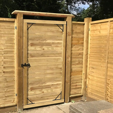 Heavy Duty Corner Brace Gate Bracket No Sag Kit for Shed Doors featuring black powder-coated metal brackets installed on wooden fence gate.