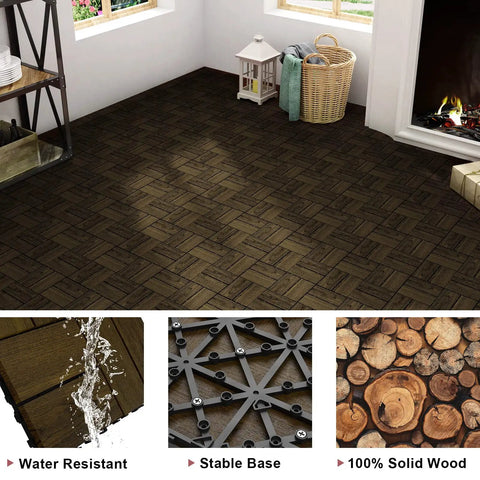 Espresso pine wood interlocking deck tiles on indoor floor, featuring waterproof design and solid structure for patios and gardens.
