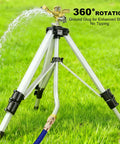 Tripod Lawn Sprinklers Pack Of 2 Heavy Duty 360 Degree Coverage For Yard And Garden Adjustable Height tripod with sprinkler head.