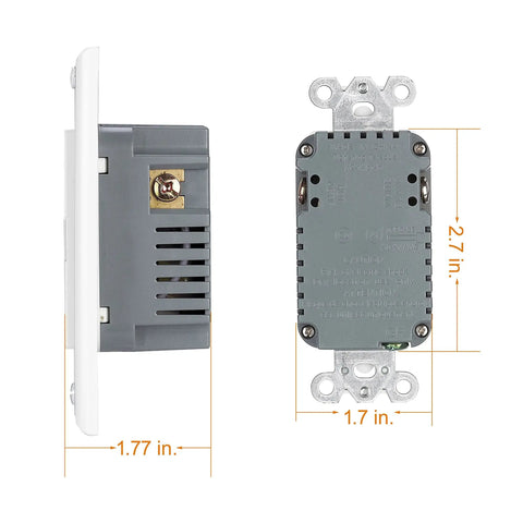Side view dimensions of 65W GaN USB C Wall Outlet With Dual Type C Ports, PD 3.0 Fast Charging, Tamper-Resistant 15 Amp Electrical Receptacle