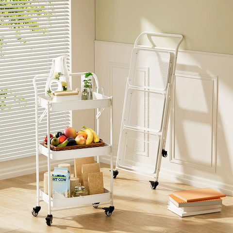 Foldable 3 Tier Rolling Cart With Handle No Assembly Required Heavy Duty Metal Utility Trolley On Wheels, white, in kitchen
