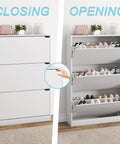 White Freestanding Shoe Cabinet With Three Flip Drawers For Entryway And Hallway Hidden Storage Large Capacity Shoe Organizer Space Saving Shoes Organization Cabinet 47.2 Inches High 31.5 Inches Wide 9.45 Inches Deep shown open with shoes inside and closed.
