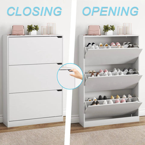 White Freestanding Shoe Cabinet With Three Flip Drawers For Entryway And Hallway Hidden Storage Large Capacity Shoe Organizer Space Saving Shoes Organization Cabinet 47.2 Inches High 31.5 Inches Wide 9.45 Inches Deep shown open with shoes inside and closed.