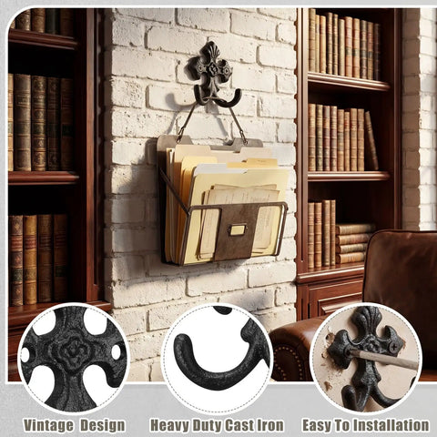 Built Like A Tank 8 Pack Double Wall Hooks Heavy Duty Wrought Iron Cast Iron Vintage Hangers on wall holding files.