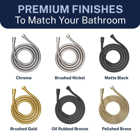 Various finishes of Ultra Flexible Metal Shower Hose 72 Inch Chrome Stainless Steel With Silicone Core Kink Free Replacement Hose