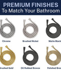 Solid Metal 9 Foot Chrome Shower Hose With Extra Long 108 Inch Reach in various finishes like chrome, black, gold, and bronze.