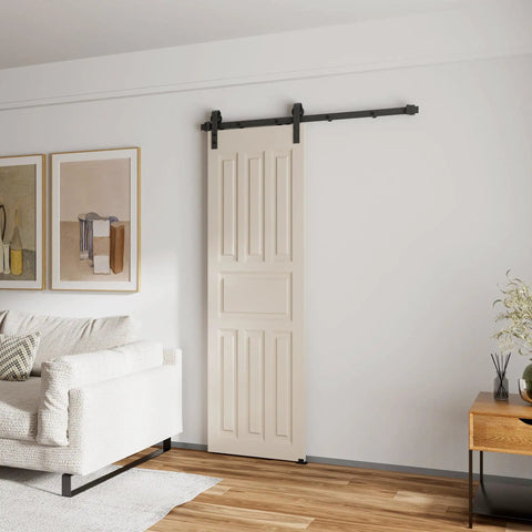 Hella Smooth Five Foot Sliding Barn Door Hardware Kit With Rock Solid Heavy Duty Track Rails And Easy Peasy Roller Wheels For Single Door Up To Thirty Inches Wide Zero Fuss Installation in a living space.