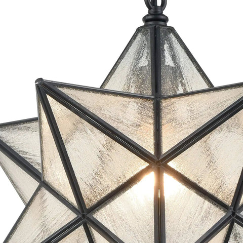 Close-up of Moravian Star Pendant Light With Seeded Glass Shade, Adjustable Chain, 16 Inch Diameter, handcrafted stylish hanging fixture.