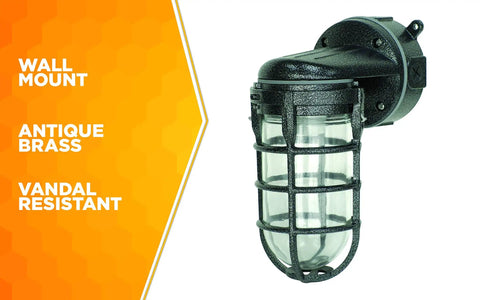Wall Mount Light In Hammered Black Finish With Die Cast Aluminum Cage Built Tough 100 Watt Incandescent Rugged Industrial Design