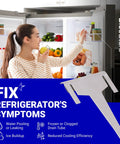 Woman opening refrigerator showing Refrigerator Clip Drain Evaporator For Samsung No More Ice Buildup And Drip Clogs Easy DIY Replacement