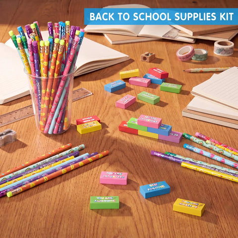 Back To School Gift Set 96 Pcs Pencil Eraser Pack For Kids Classroom Fun Colorful Scented Pencils With Inspirational Quotes And Cute Wood Erasers Bulk School Supplies For Students And Teachers displayed on a desk.