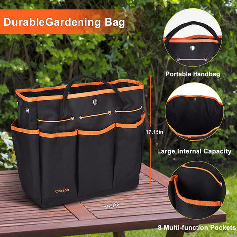 10 Piece Stainless Steel Garden Tools Set with Durable Carry Bag, shown with orange accents and multi-function pockets.