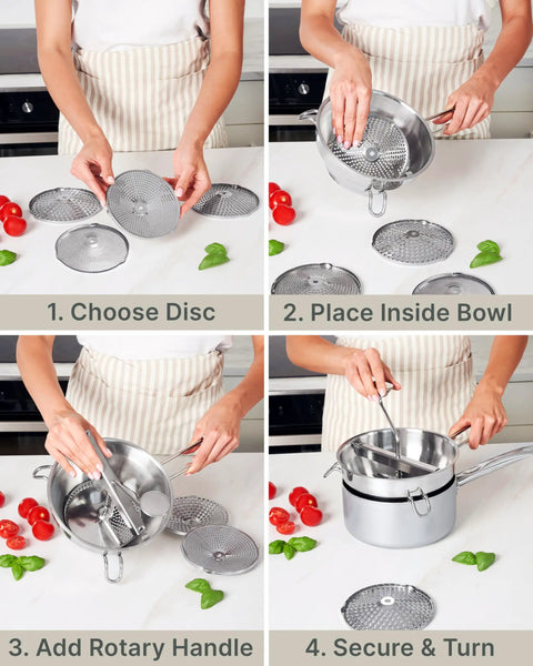 4 Disc Stainless Steel Food Mill With Ergonomic Hand Crank For Tomato Sauce Canning Applesauce Baby Food Mashed Potatoes Puree And Jams A Pro Grade All In One Kitchen Tool For Precise Texture Control And Smooth Results demonstrated in a step-by-step guide.